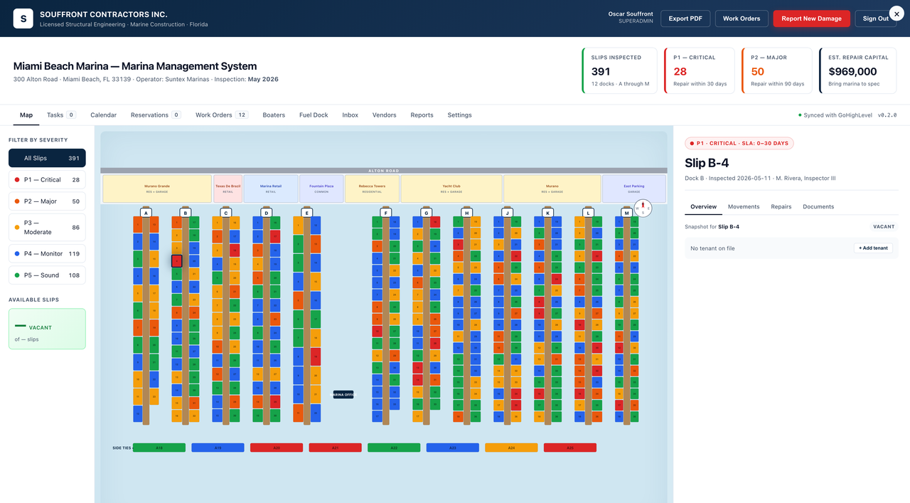 Marina Pro live operations dashboard — harbor map, KPIs, severity-coded slips, work order panel