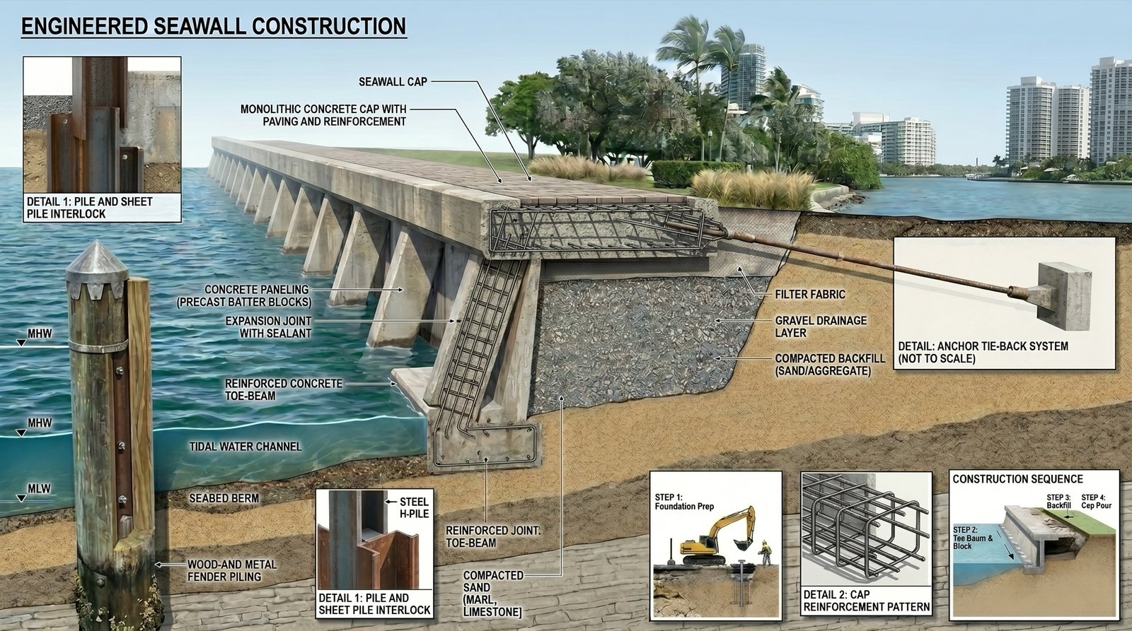 Engineered seawall construction cross-section — cap, panels, batter pile, king pile, tie-back, deadman, and filter fabric labeled in technical detail.